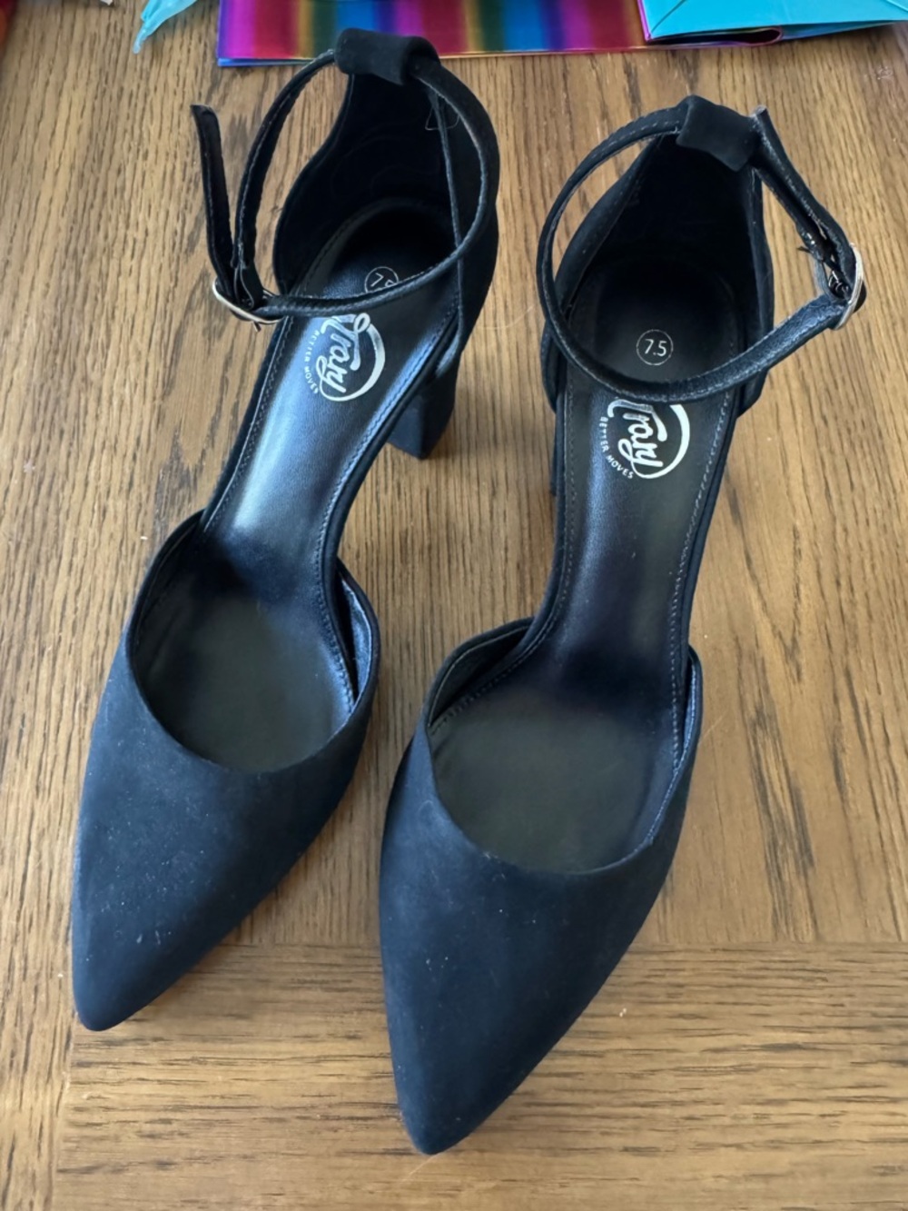 Trary Black Pointed Ankle-Strap Block Heels